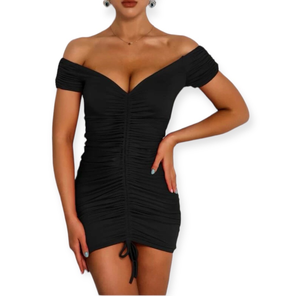 Off Shoulder Drawstring Ruched Satin Bodycon Dress - image 1
